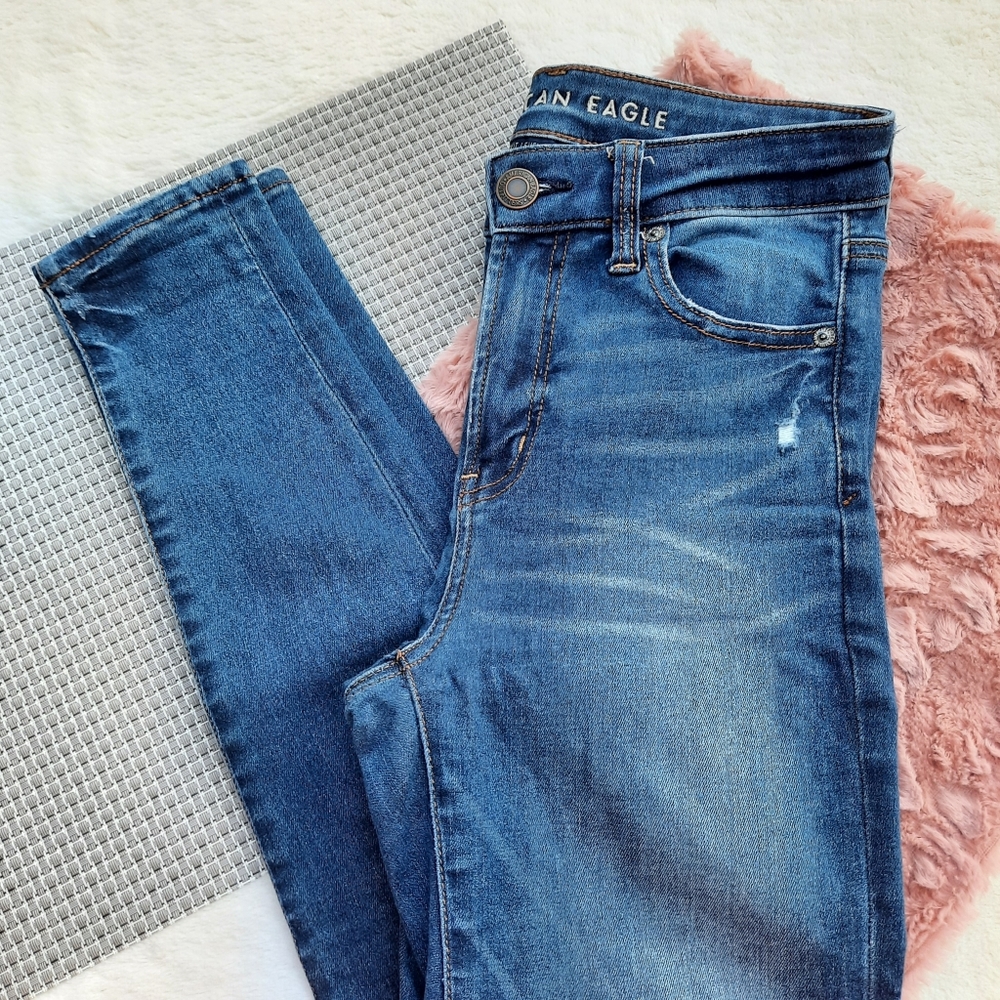 AEO American Eagle Distressed Hi Rise Jegging Skinny Jeans Dark Wash 4 Rise